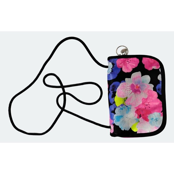 Justice Girls Floral Print Wallet With Shoulder Strap & Charm - Black & Multicol - Picture 2 of 5